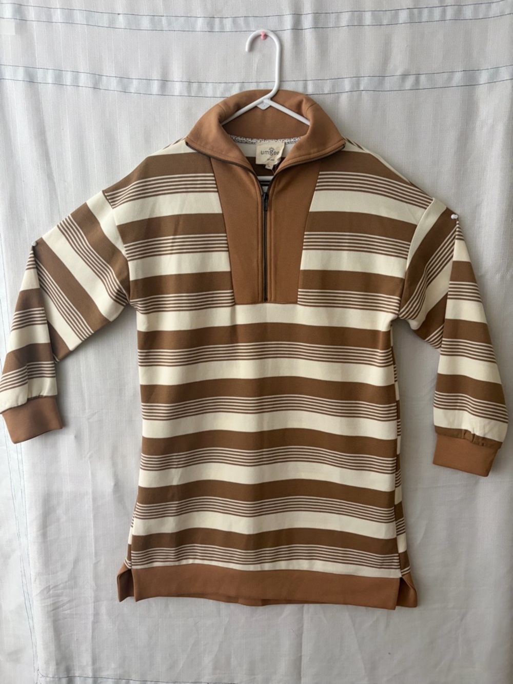 Umgee women’s Size M Striped Half Zip Dress Brown Cream Tunic(A574)